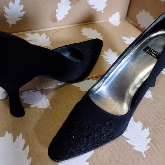 Stuart Weitzman Satin Pointed-Toe Embellished Pump Spool Heel 6B Crystal - Picture 8 of 11